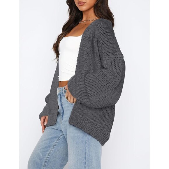 Womens Trendy Cardigan Sweaters Dark Grey Long Sleeve Chunky Knit Outfits - Picture 5 of 8